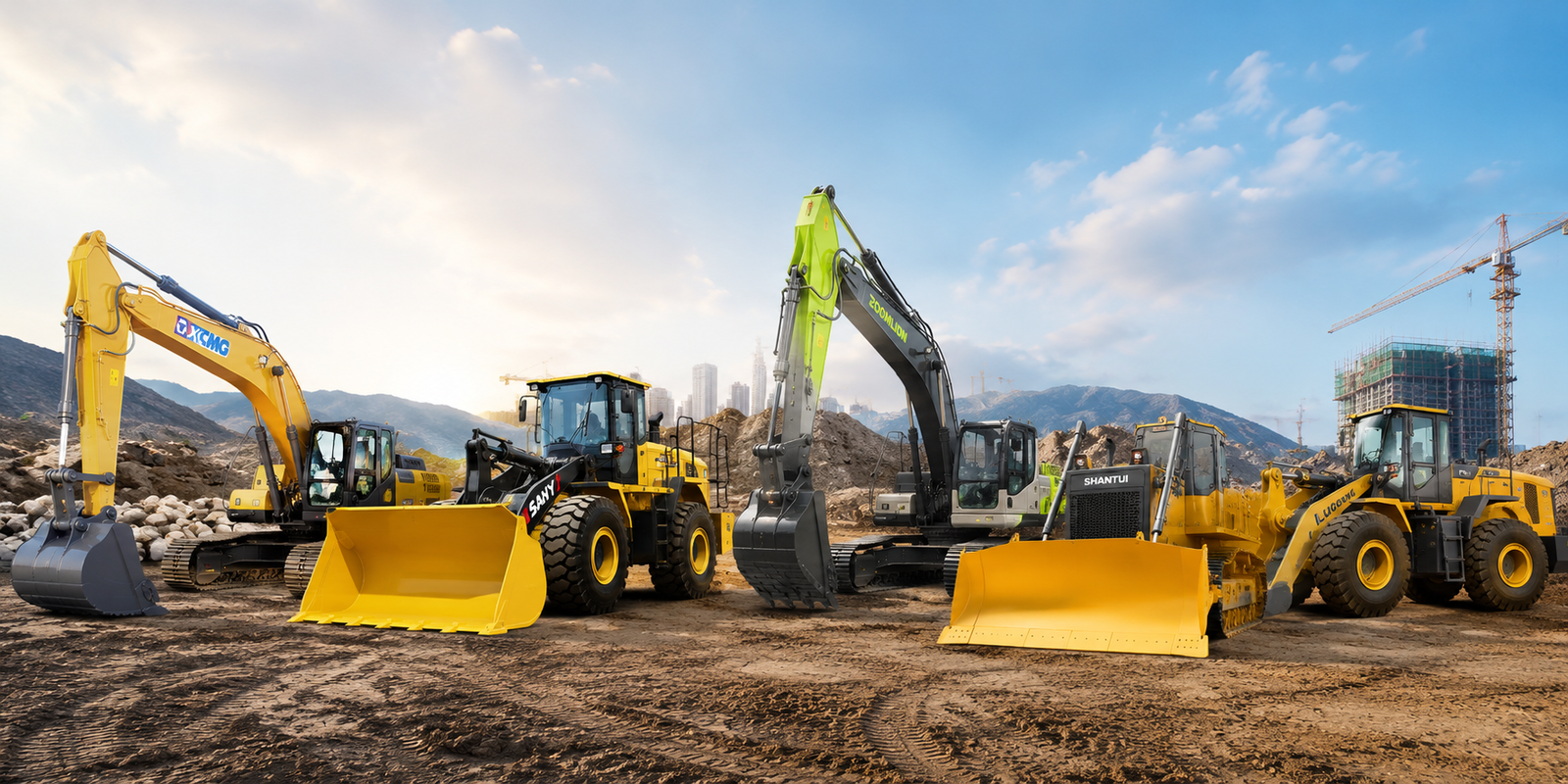 Construction machinery including excavators and loaders